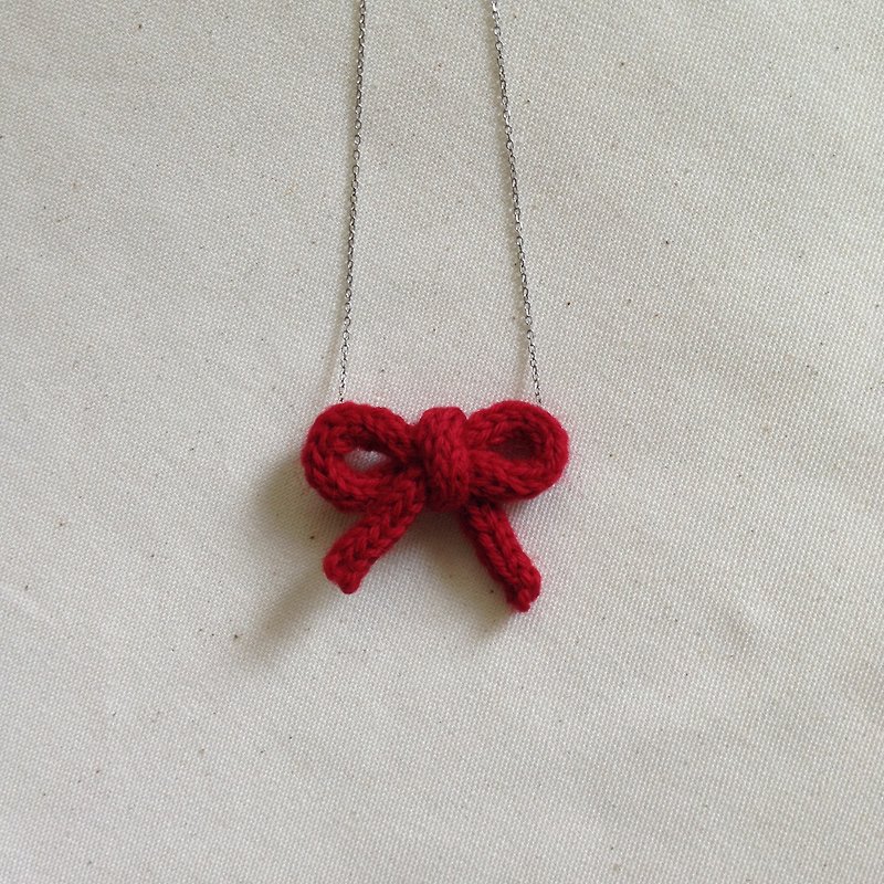 晓织物-小红蝴蝶结毛线编织项链 - 项链 - 羊毛 红色