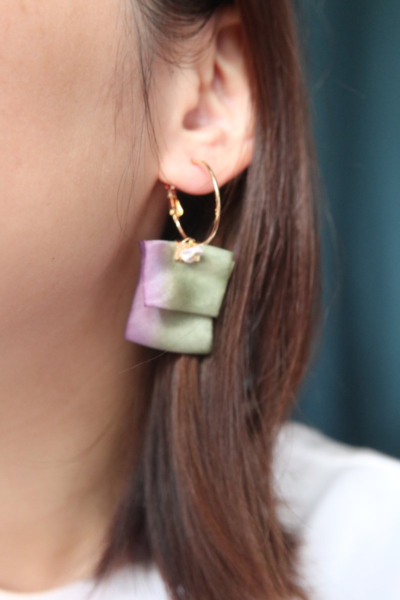 扎染丝带母贝金属圈耳环耳夹 | 紫绿 | 可订制 - 耳环/耳夹 - 丝．绢 多色