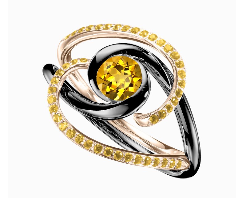 黄水晶黄钻石二合一戒指套装 极简14k金双戒指 结婚求婚戒指组合 - 戒指 - 贵金属 黄色
