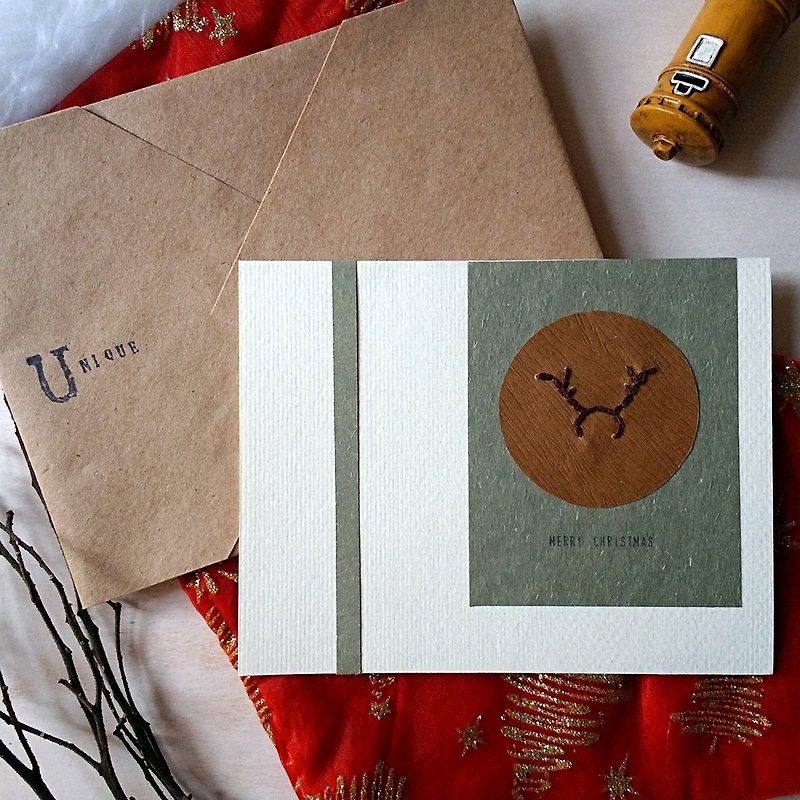 手缝图像圣诞卡(圣诞鹿)(原稿) - 卡片/明信片 - 纸 多色