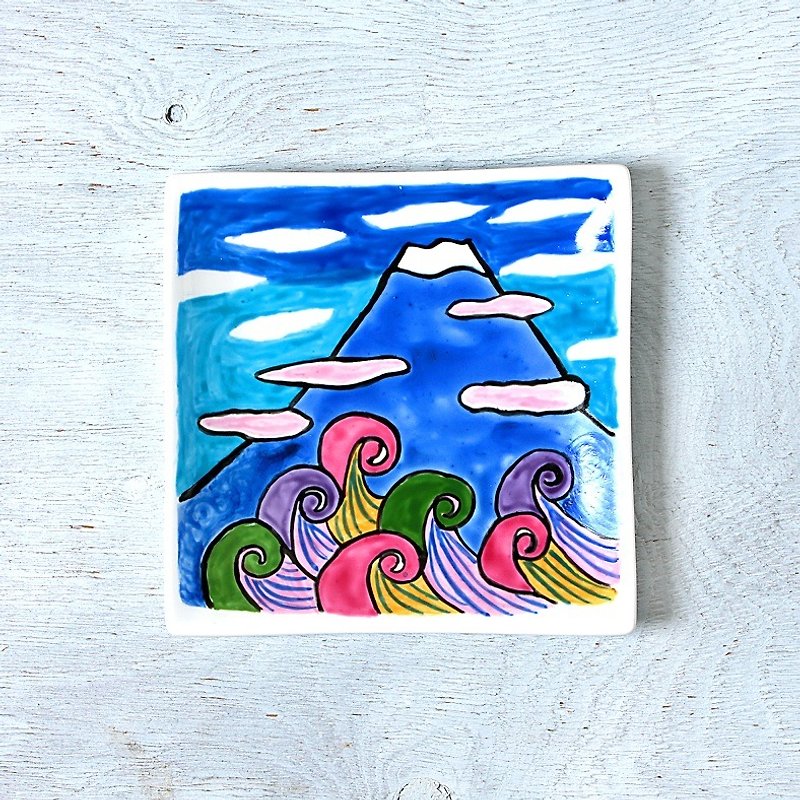 夏の富士山(波千鳥)・スクエアプレート(15cm) - 浅碟/小碟子 - 瓷 蓝色