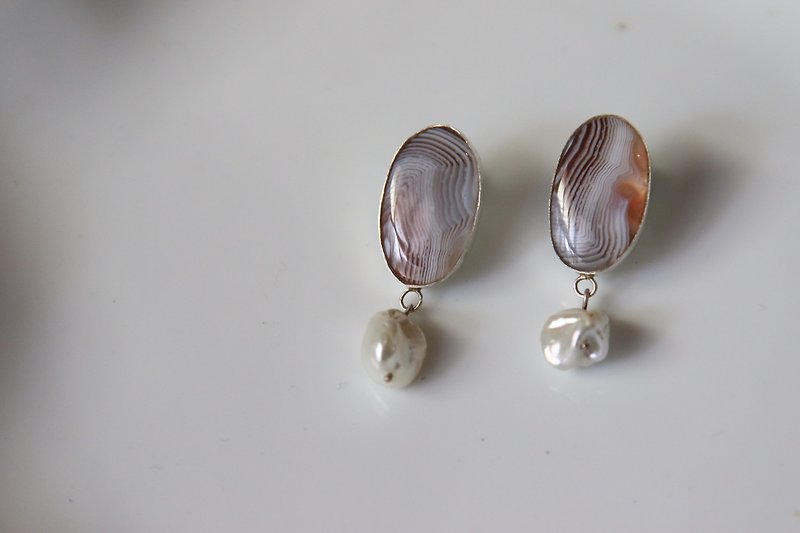 天然玛瑙珍珠耳环 - 耳环/耳夹 - 纯银 银色