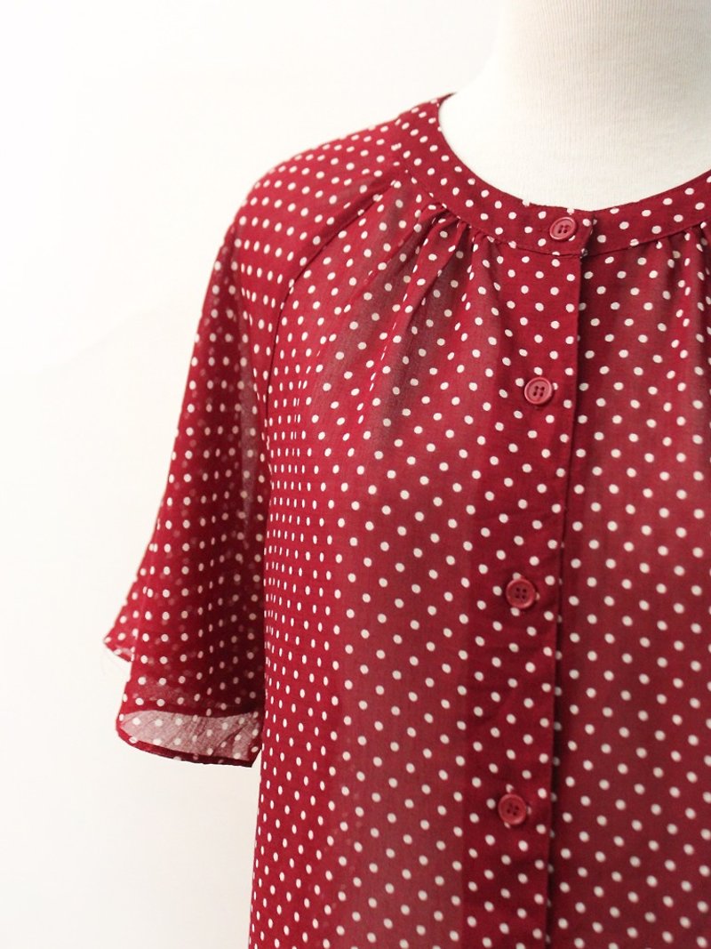复古日本制短袖红色白圆点点古着衬衫 Vintage Blouse - 女装衬衫 - 聚酯纤维 红色