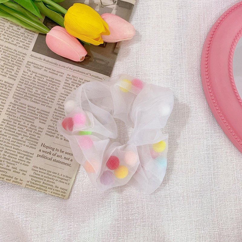 其他材质 发饰 白色 - Hair band, white chiffon fabric, decorated with colorful pom-poms.
