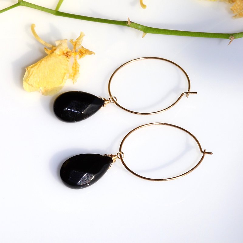 [Little black] K14gf Briolette cut onyx natural stone hoop earrings