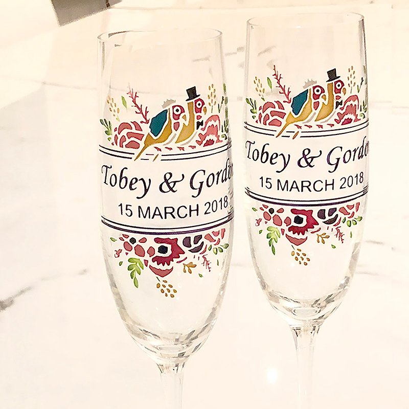 无铅水晶玻璃香槟杯刻字礼品组 | 结婚礼物、周年礼物 | 鹦鹉 - 酒杯/酒器 - 玻璃 多色