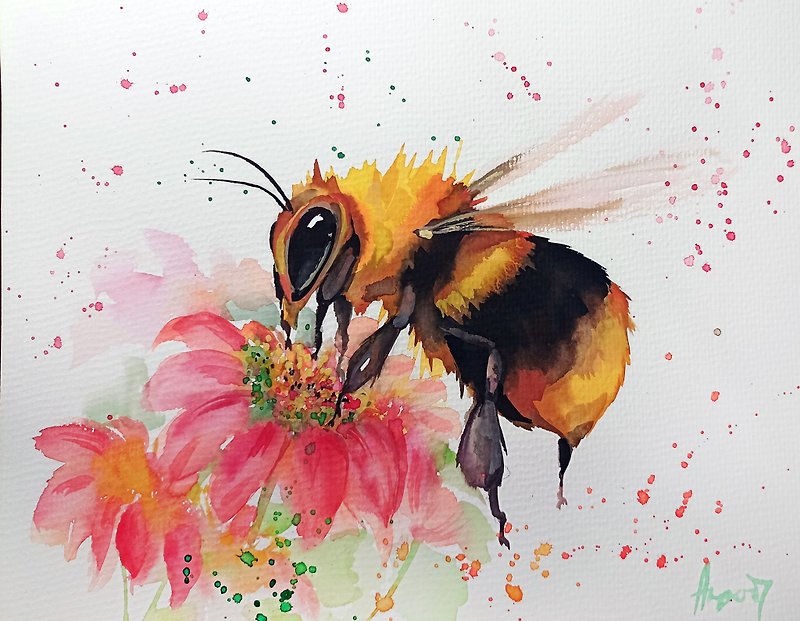 Watercolor original bee room decor bumblebee painting art by Anne Gorywine