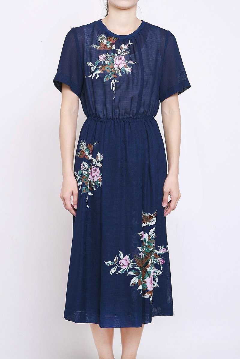 Vintage dress 篮底大花 日本古着洋装 - 洋装/连衣裙 - 聚酯纤维 蓝色