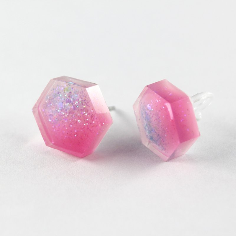 树脂 耳环/耳夹 粉红色 - 新时代女孩 / 树脂耳环 - 单只 / 六角形 渐层 粉红 亮片