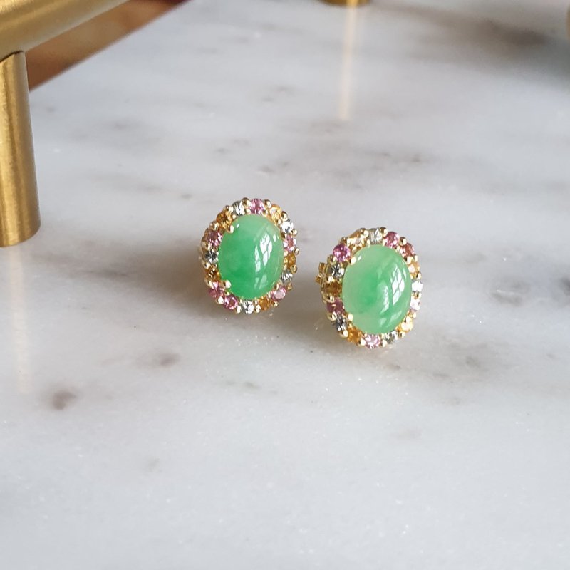 玉石 耳环/耳夹 绿色 - Burmese jade stud earrings natural gemstone in 925 silver with gold plated