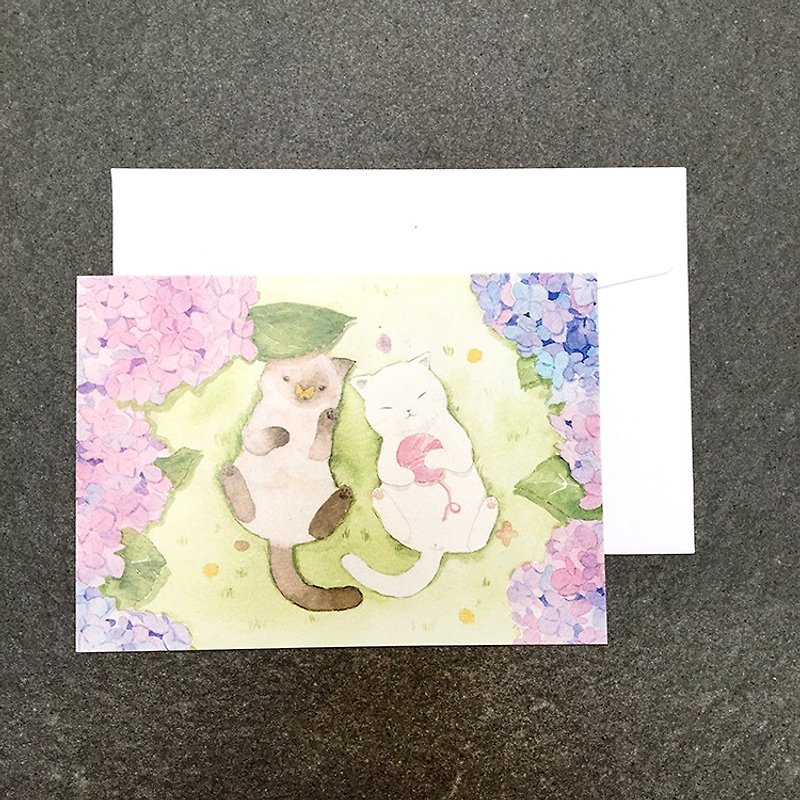 猫咪与紫阳花水彩明信片 - 卡片/明信片 - 纸 