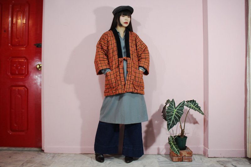 [日本制和服](Vintage)日本带回橘色格纹双口袋铺棉和服（はんてん） - 女装休闲/机能外套 - 棉．麻 橘色