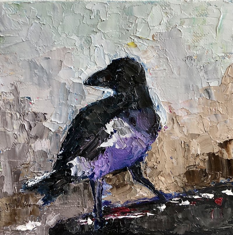Crow Painting, Original Bird Wall Art, Gothic Original Art 15 by 15 centimeters - 海报/装饰画/版画 - 棉．麻 蓝色