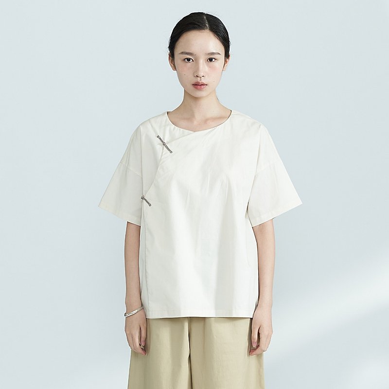 中國風斜襟夏季棉質上衣 短袖襯衫 SH180426 - 女装衬衫 - 棉．麻 白色