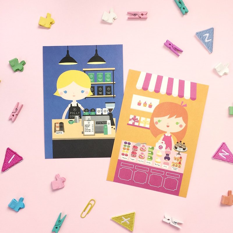 [女孩与她的店] polly 的咖啡店 + emily 的甜点店 - 明信片组 - 卡片/明信片 - 纸 多色