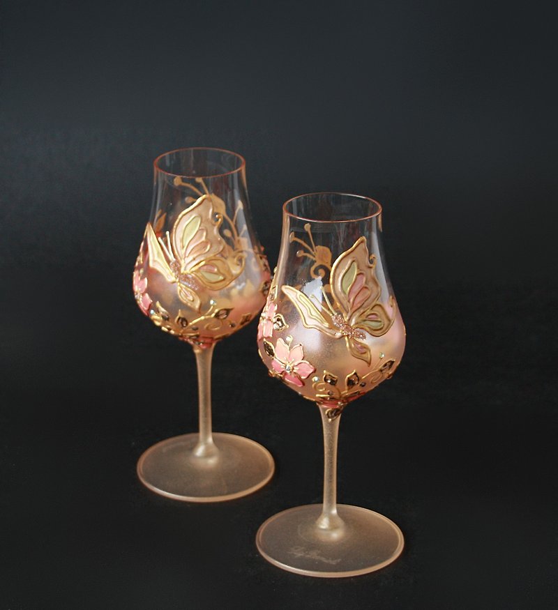 Brandy Glasses Butterdly WildFlowers design, Swarovski Crystals, hand-painted
