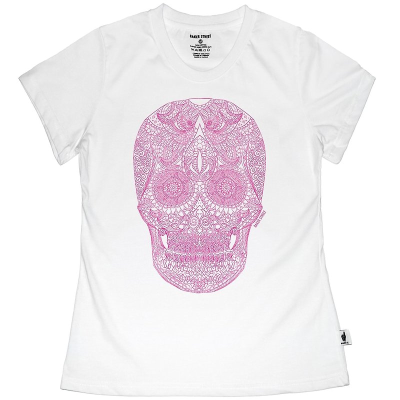 英国潮流品牌【Baker Street 贝克街】女装．纯棉．短袖潮T．禅绕画骷髅A款．Zentangle Skull Printed T-shirt - 女装 T 恤 - 棉．麻 白色