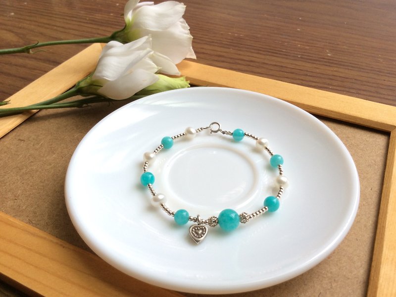 Ops Amazonite Pearl Silver Jewelry Bracelet 珍珠/天河石/纯银/天然石/手链 - 手链/手环 - 宝石 蓝色
