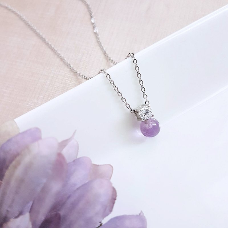 点点。天然珍珠/紫水晶白钢墬链  不怕水防过敏 - 项链 - 水晶 紫色