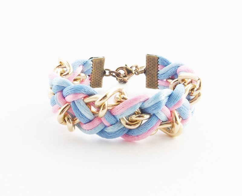 Blue-pink braided with chain bracelet - 手链/手环 - 其他材质 蓝色
