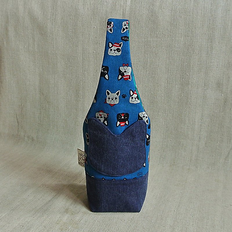 可爱法斗水壶袋/保温杯袋/伞袋 - 随行杯提袋/水壶袋 - 棉．麻 蓝色