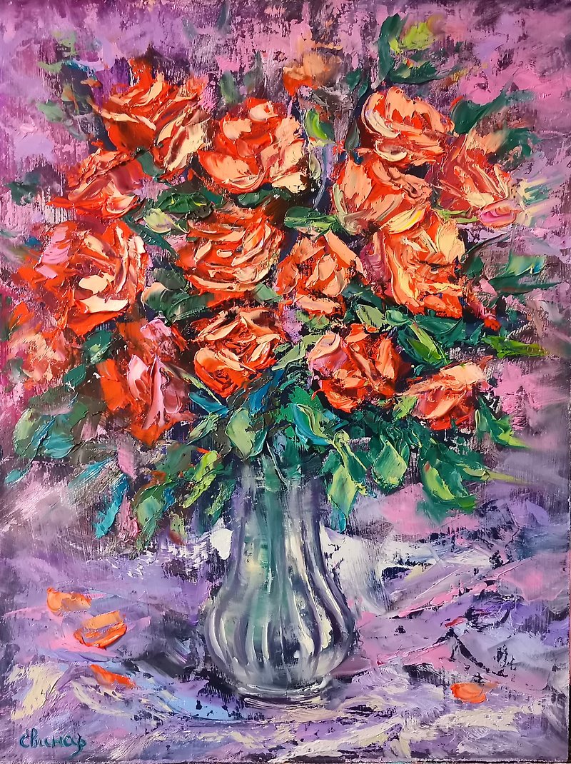 Red Roses Flower Bouquet Oil Painting Impasto Original Artist Svinar Oksana - 其他 - 其他材质 多色