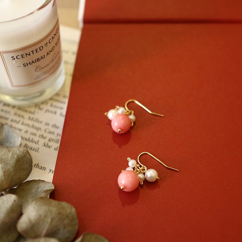 18k包金 粉色天然石宝石串珠日本棉珍珠耳环 简约极简 - 耳环/耳夹 - 半宝石 粉红色