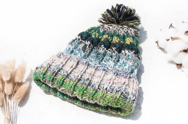 手工编织纯羊毛帽/编织帽/针织毛帽/内刷毛手织毛帽-北欧绿色森林 - 帽子 - 羊毛 多色