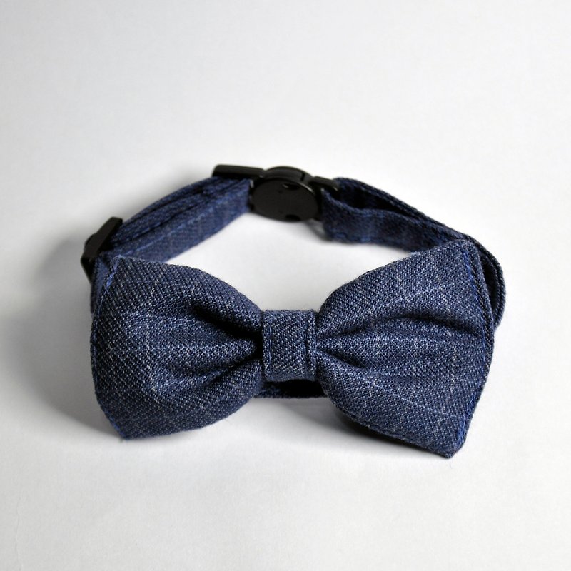 猫领结 可拆卸式领结 绅士风 深蓝色格子绅士猫领结 - 项圈/牵绳 - 棉．麻 蓝色