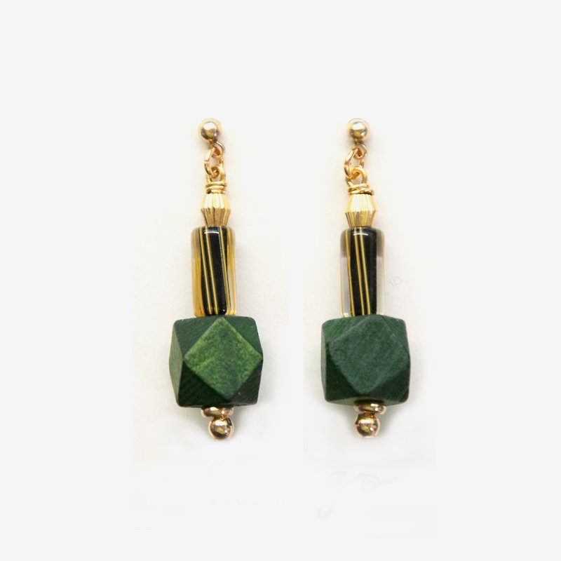 木头琉璃几何耳环-黄黑&绿 耳针/耳夹 - 耳环/耳夹 - 木头 绿色