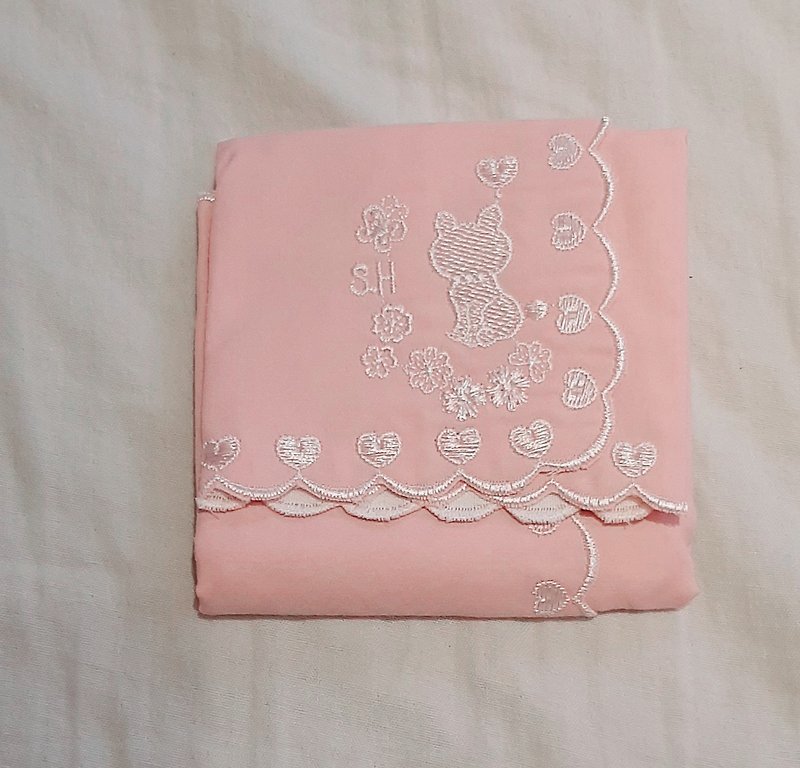 刺绣猫咪手帕-粉/白粉 - 手帕/方巾 - 聚酯纤维 