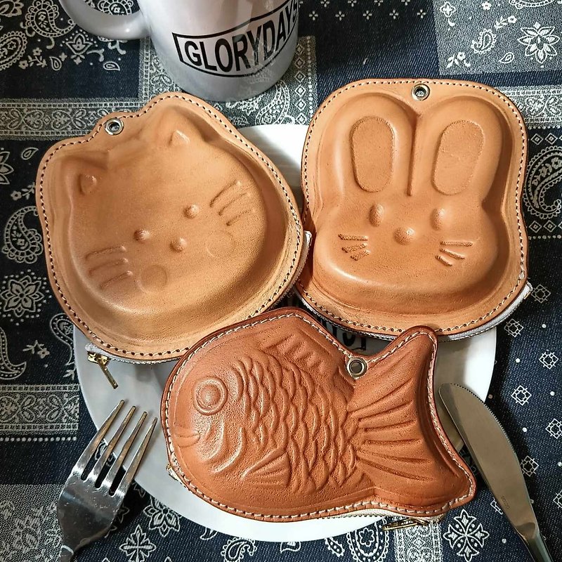动物松饼包 / 有猫咪跟兔兔两种造型 - 零钱包 - 真皮 橘色