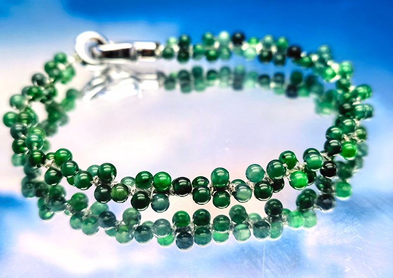 纯银系列 - 双排碧绿冰翡翠手编珠串 - 约100多颗3毫米翡翠珠 - 手链/手环 - 宝石 