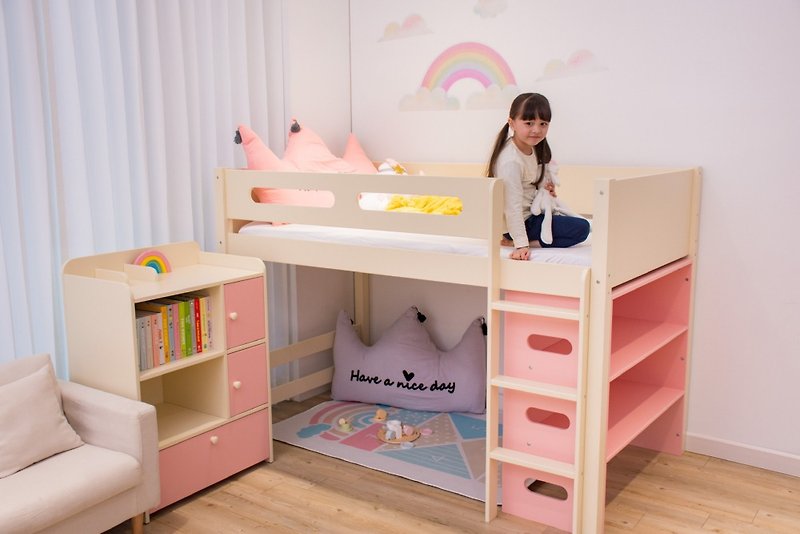 粉红公主单人架高床附侧柜 - 儿童家具 - 木头 粉红色