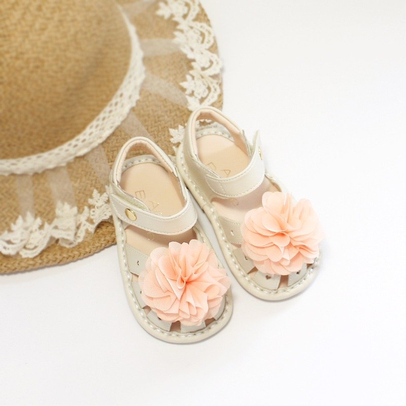 Hawaii夏日花朵寳寳凉鞋-杏仁米 - 童装鞋 - 真皮 白色