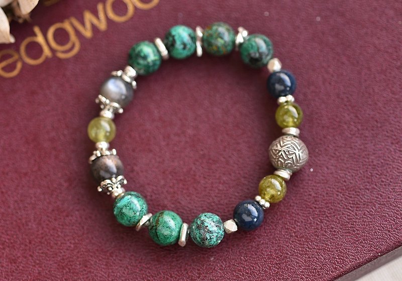 绿石榴石+彼得石+黑太阳石+硅孔雀石纯银手链 - 手链/手环 - 半宝石 绿色