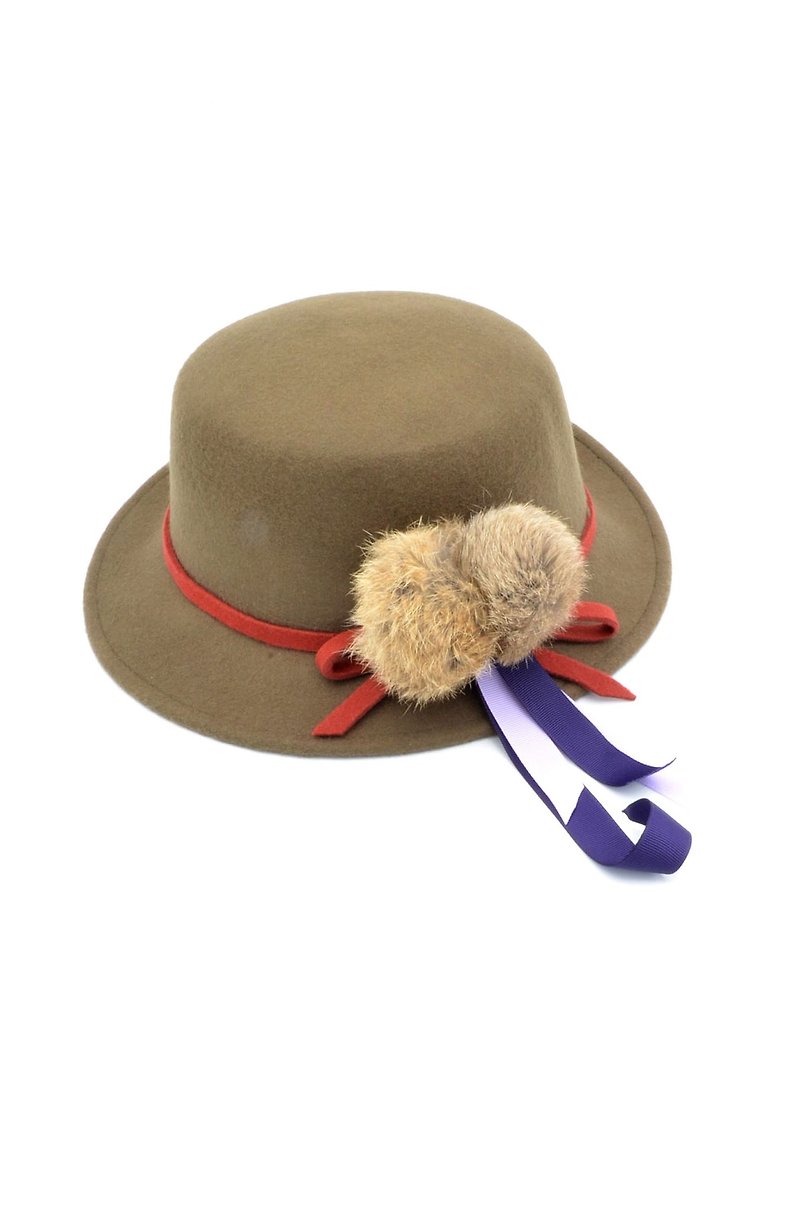 TIMBEE LO 卡其色狐狸毛球丝带 羊绒淑女帽子 手工制作 - 帽子 - 羊毛 咖啡色