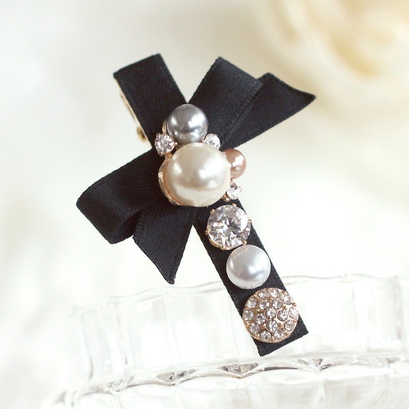色彩珍珠蝴蝶结发夹 - 发饰 - 其他材质 黑色