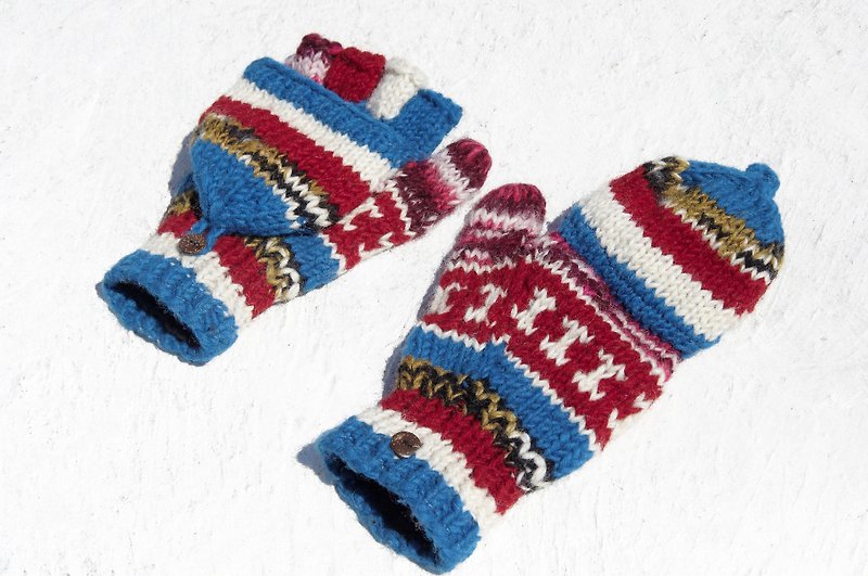 圣诞节礼物 创意礼物 交换礼物 限量一件手织纯羊毛针织手套 / 可拆卸手套 / 内刷毛手套 / 保暖手套(made in nepal) - 对比渐层桃红蓝色 北欧费尔岛图腾 - 手套 - 羊毛 多色