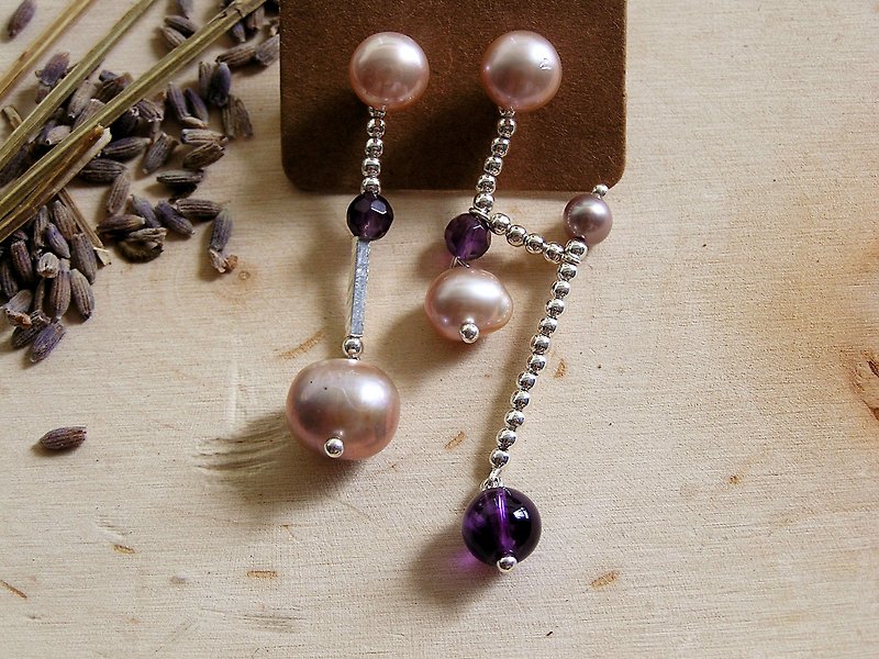 春日樱花系列 925纯银 粉紫色淡水珍珠 耳环 - 耳环/耳夹 - 纯银 紫色
