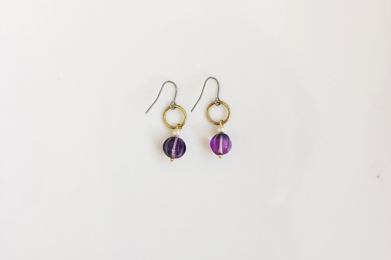 紫晶 珍珠玻璃造型耳环 - 耳环/耳夹 - 玻璃 紫色
