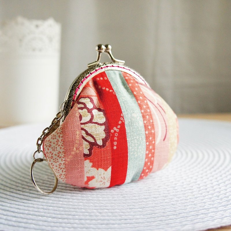 Lovely、和风条纹拼布口金零钱包、粉红 - 零钱包 - 棉．麻 多色