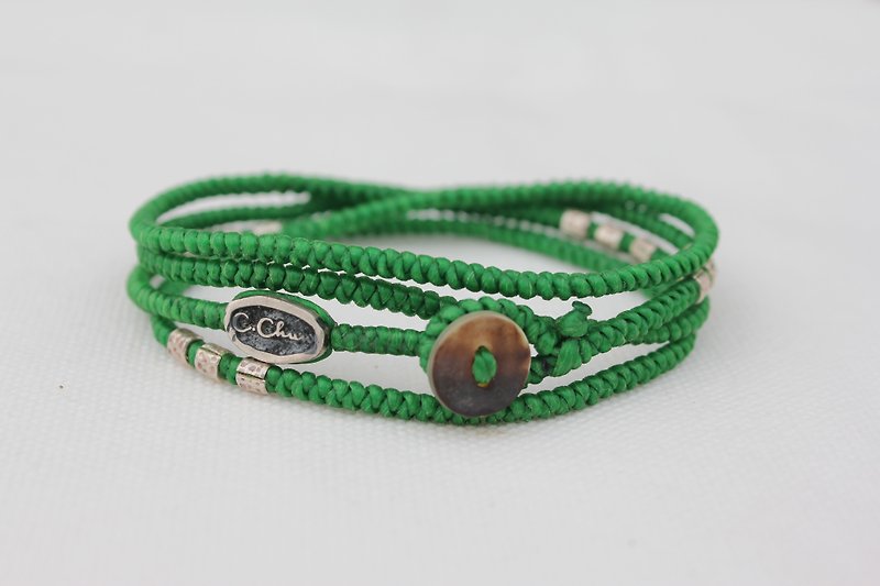 手工 4圈编织蜡线X925银 民族风  串珠手链(手环) 定制化(绿色) - 手链/手环 - 聚酯纤维 绿色