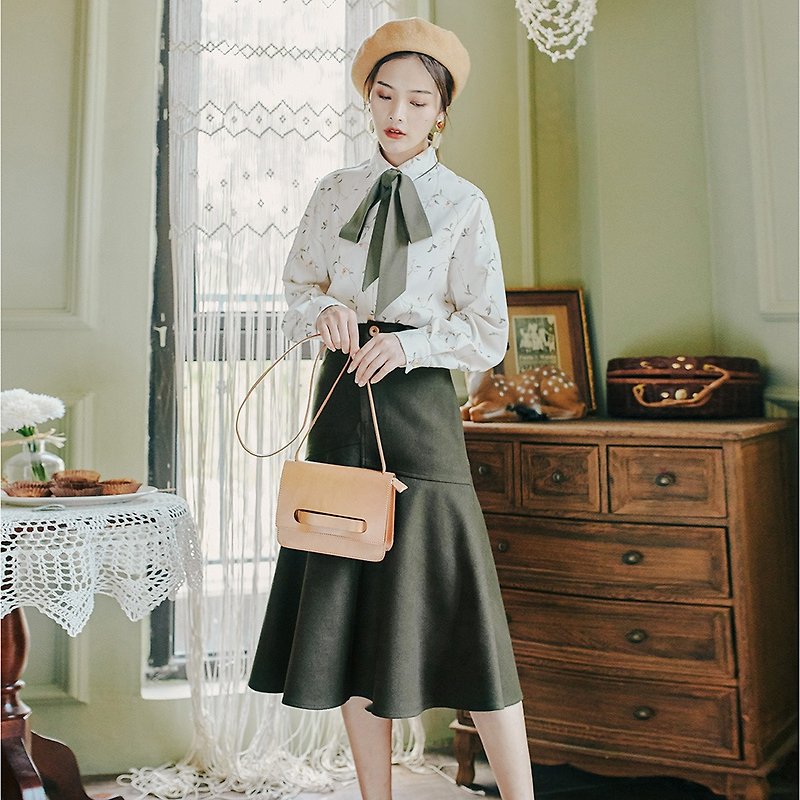 安妮陈 秋季女士穿搭复古时尚纯色分割半身裙洋装  YHQ8911 - 裙子 - 其他材质 绿色