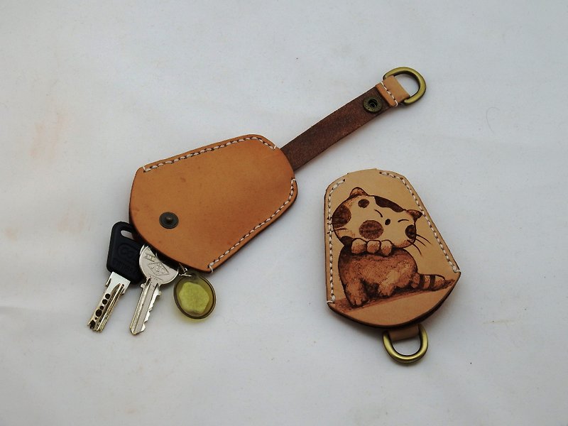 花嘴短尾猫皮革钥匙包 (向右看) - 钥匙链/钥匙包 - 真皮 