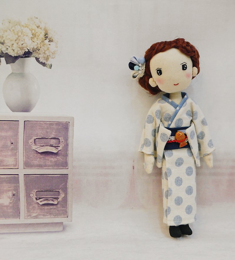 Handmade Doll- Girl in Blue Polka Dots Kimono - 玩偶/公仔 - 棉．麻 