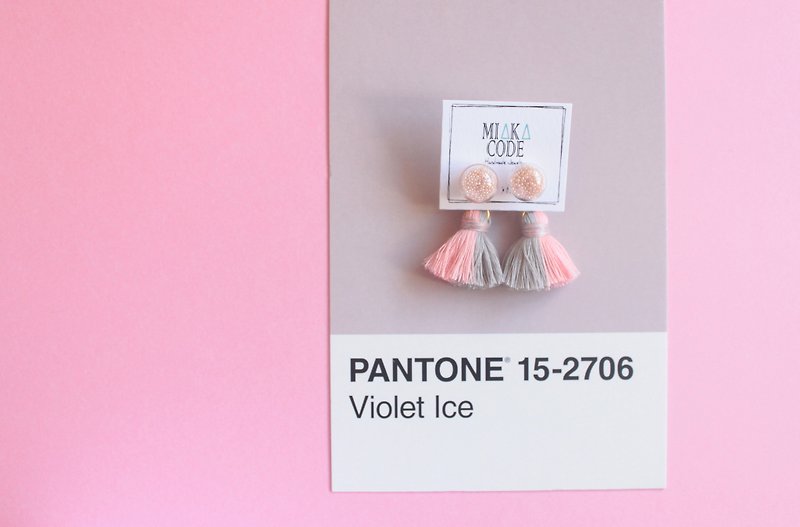 10mm透明玻璃球 珍珠 Pastel  拼色(灰粉色) 流苏 耳环/夹式耳环 - 耳环/耳夹 - 玻璃 多色