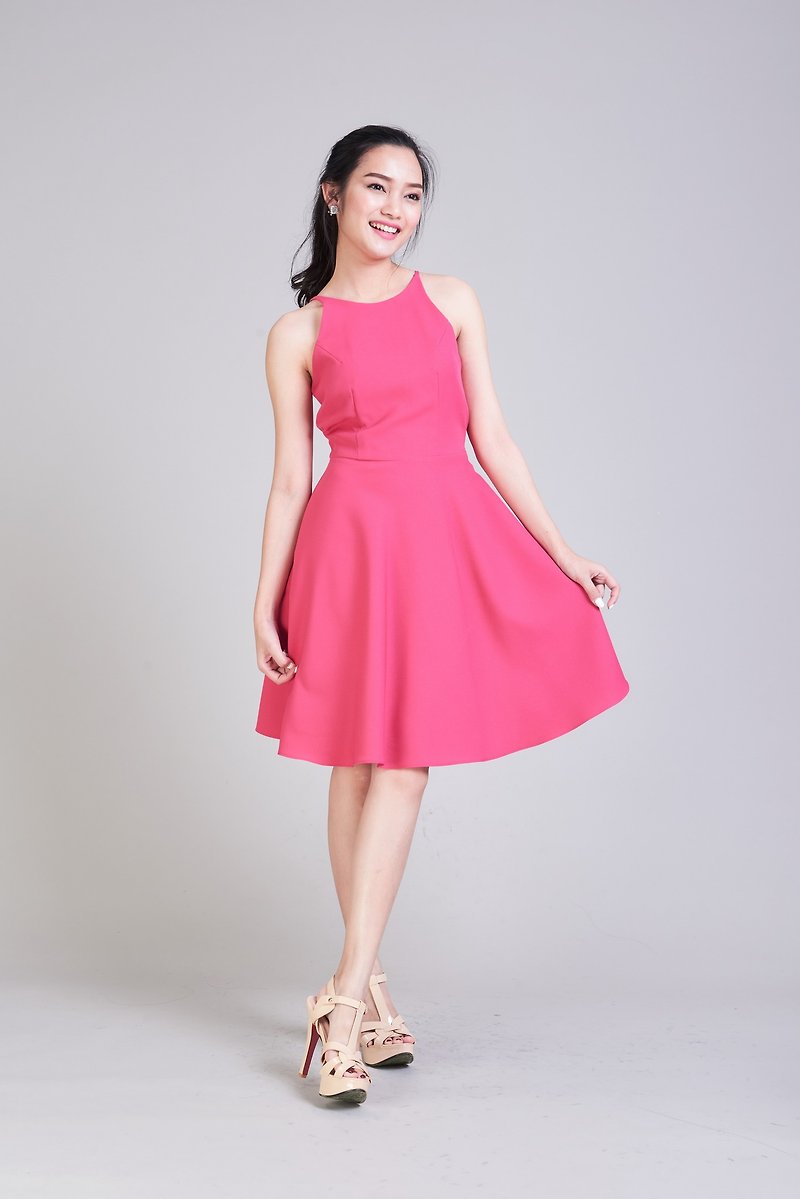 Fuchsia Dress Pink Crisscross Casual Dress Short Party Dress Swing Formal Dress - 洋装/连衣裙 - 聚酯纤维 粉红色