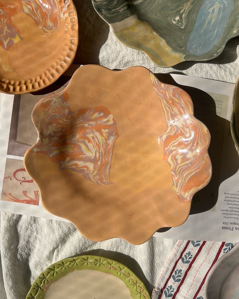 Hand Built Plate | Orange Marbling | Ceramic Handmade | Tableware - 花瓶/陶器 - 陶 橘色