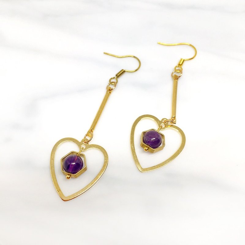 紫心◆可改夹式 Brass Earrings / 一对 / 天然石 复古 黄铜耳环 / 礼物客制设计 - 耳环/耳夹 - 宝石 金色